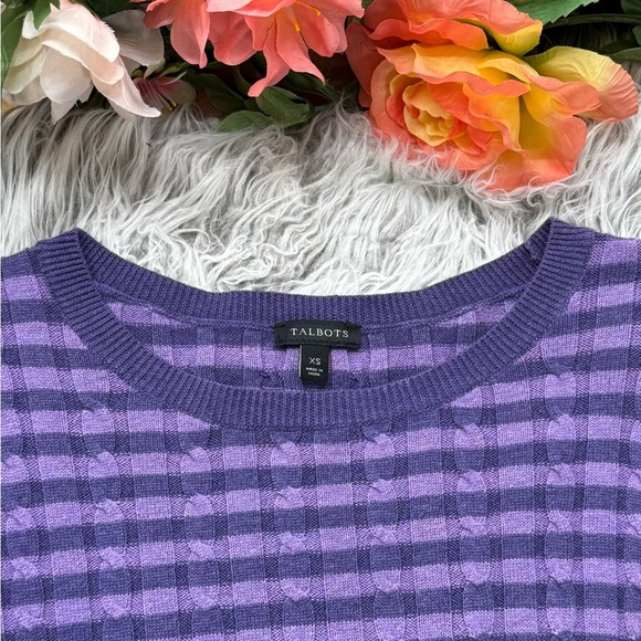 Talbots Cotton Blend Purple Striped Women's Lightweight Cable Knit Sweater - Picture 7 of 11